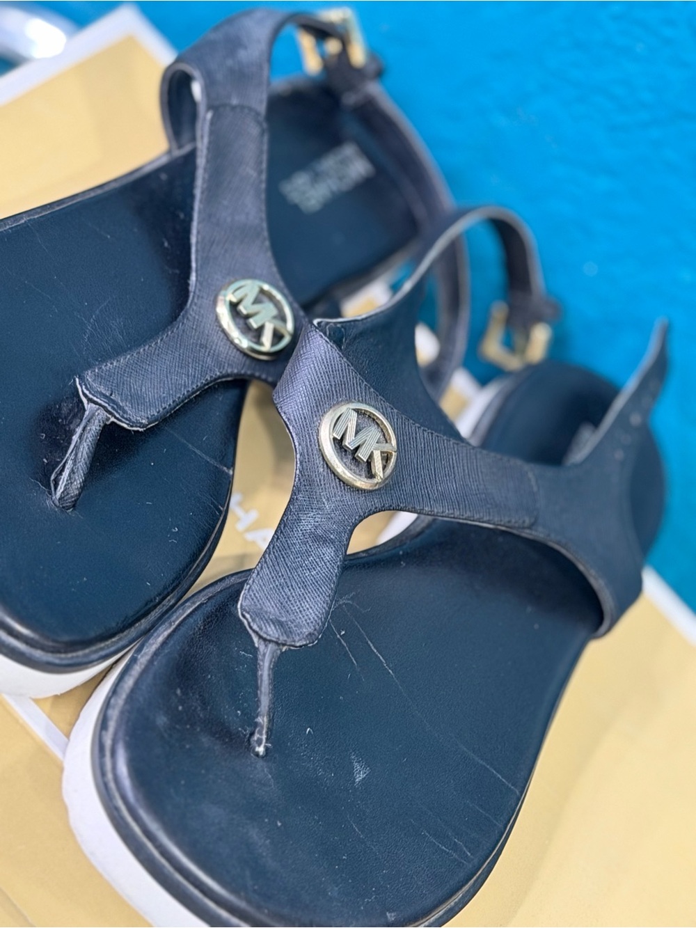 Michael Kors Black Logo Thong Sandals with Gold MK Accent
